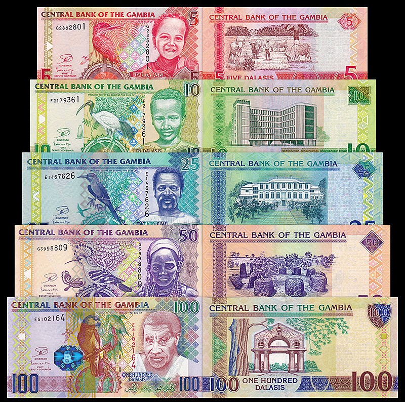 全新UNC 冈比亚5张枚一套(5-100达拉西)2013