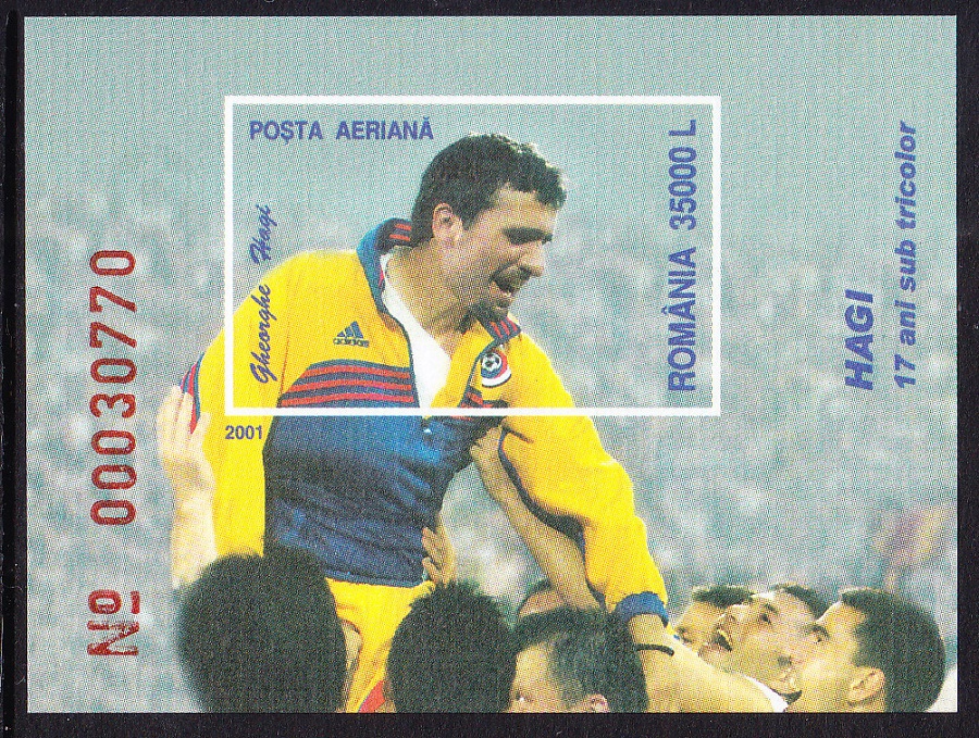 罗马尼亚2001足球明星哈吉无齿小型张全新 中